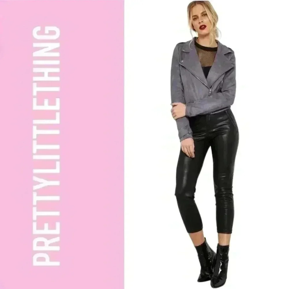 PrettyLittleThing Grey Moto Biker Jacket Faux Suede Size 4 (Small) Grunge